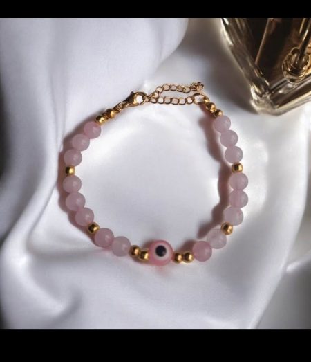 Pulsera de Cuarzo Rosa con Ojo Turco
