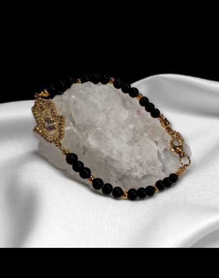 Pulsera de Obsidiana  Negra y Mano de Fatima