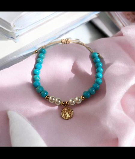 Pulsera turquesa y perlas con San Benito